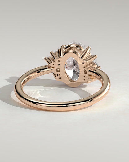 Esther - Oval Claw Solitaire with Clustered Round Opposing Shoulder Stones Engagement Ring - Rose Gold