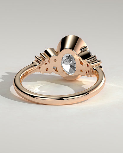 Isabella - Oval Bezel Solitaire with Clustered Round-Marquise Mixed Set Shoulder Stones Engagement Ring - Rose Gold