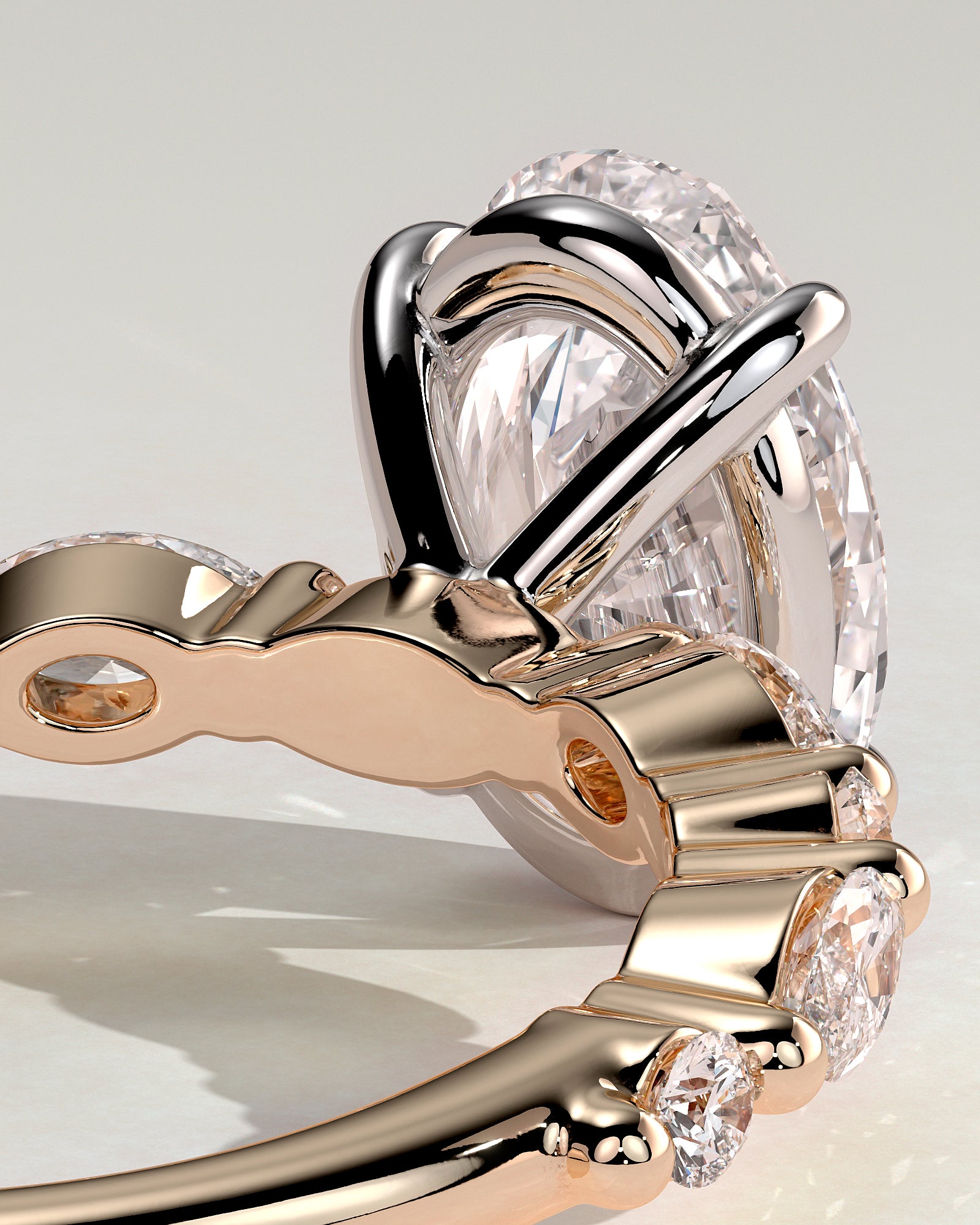 Alyssa - Oval Claw Solitaire with Marquise and Round Accent Stones Engagement Ring - Rose Two-Tone - Rose Two-Tone 2ct