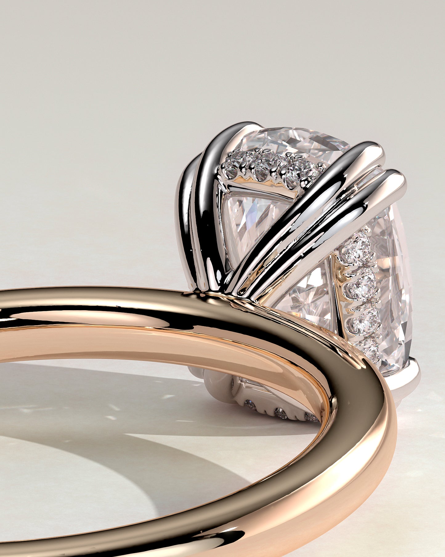 Aubrey - Elongated Cushion Double Claw Solitaire with Hidden Halo Engagement Ring - Rose Two-Tone - Rose Two-Tone 2ct
