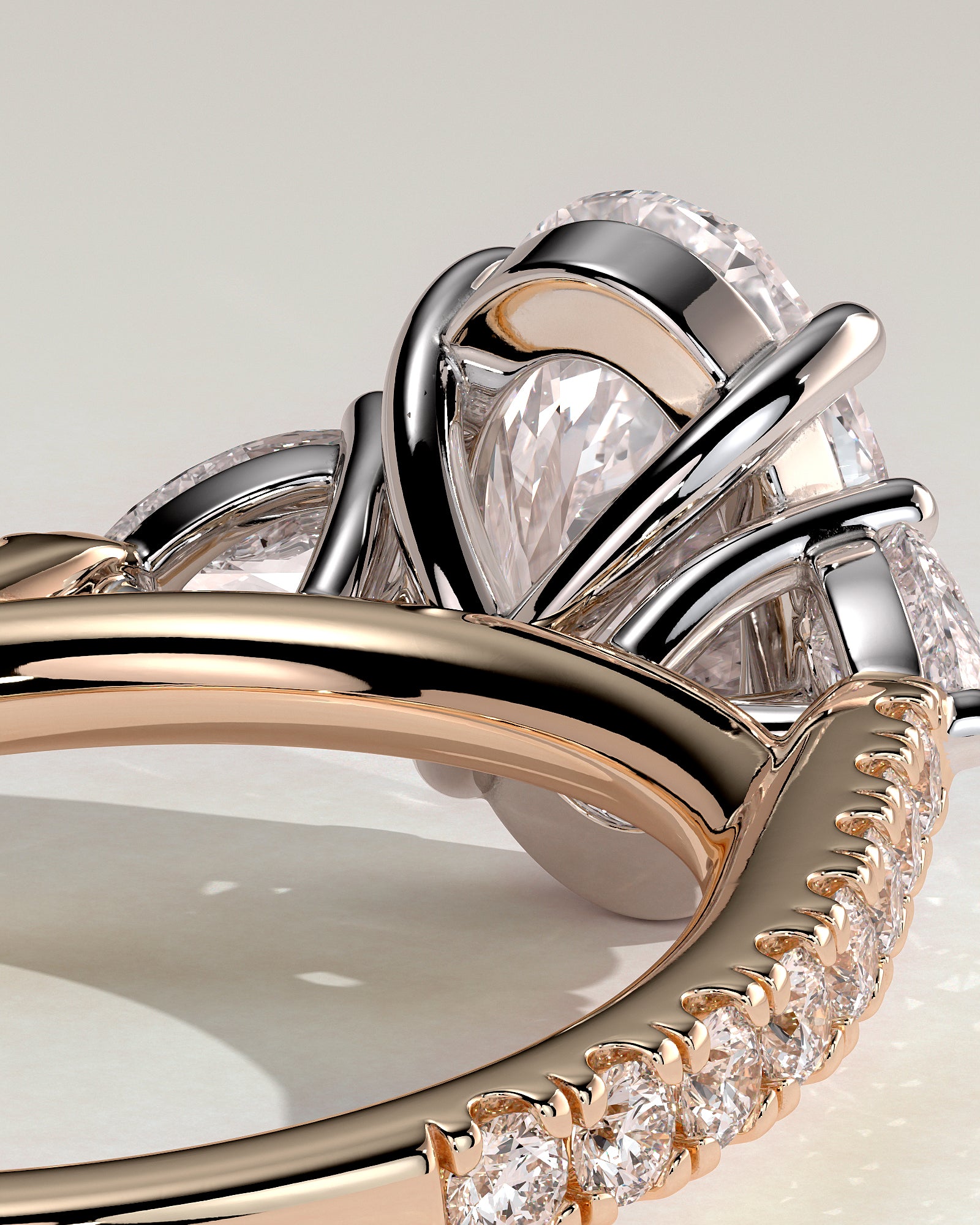 Arabella - Oval Claw Trilogy with Pear Side Stones and Pave Band Engagement Ring - Rose Two-Tone - Rose Two-Tone 2ct