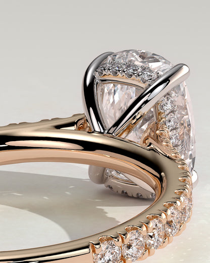 Annika - Elongated Cushion Claw Solitaire with Hidden Halo, Pave Band and Cathedral High Setting Engagement Ring - Rose Two-Tone - rose two-tone - Lara Jewels