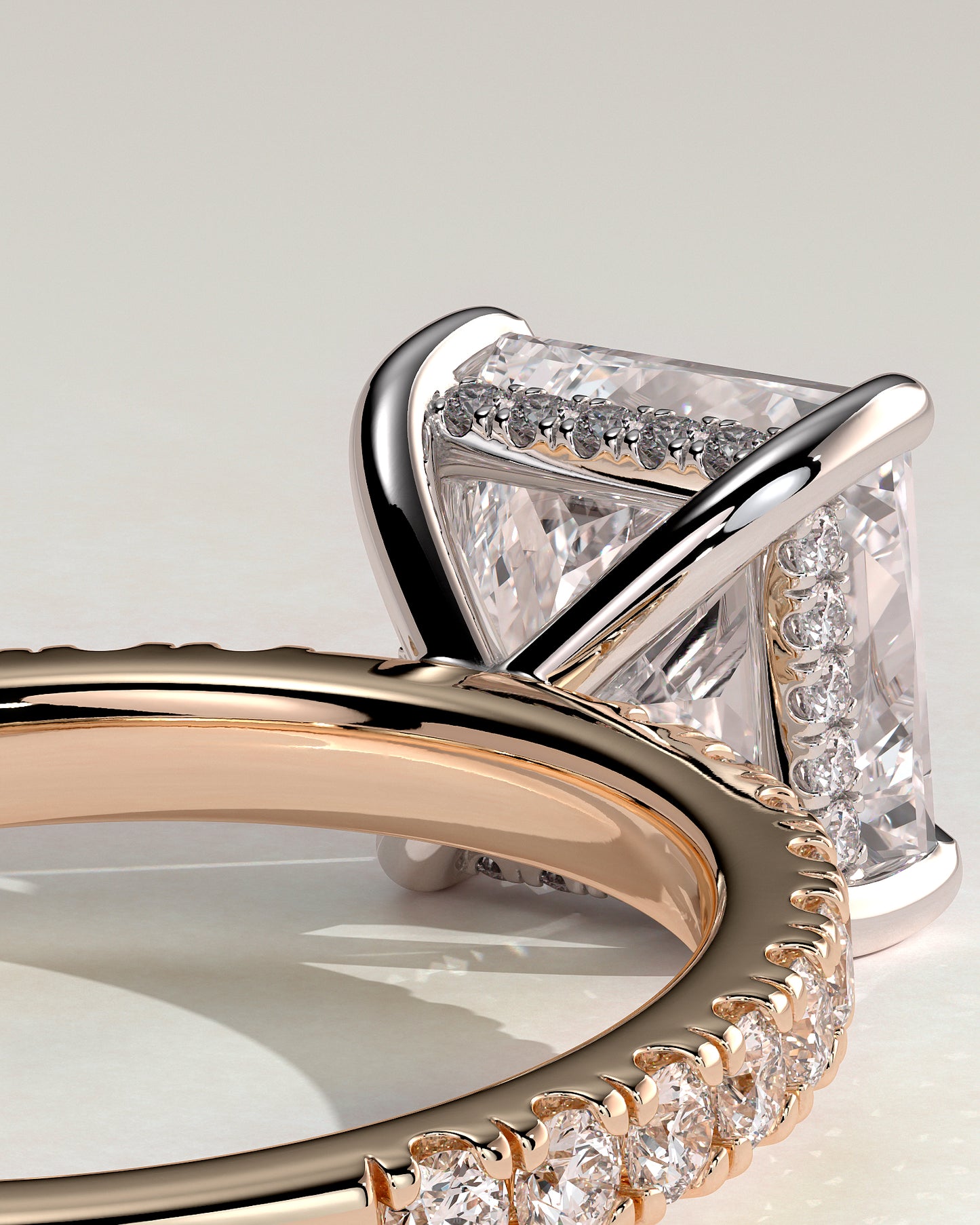 Annie - Princess Claw Solitaire with Hidden Halo and Pave Band Engagement Ring - Rose Two-Tone - Rose Two-Tone 2ct