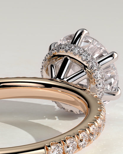 Amanda - Round Claw Solitaire with Wrap Around Hidden Halo and Pave Band Engagement Ring - Rose Two-Tone - rose two-tone - Lara Jewels