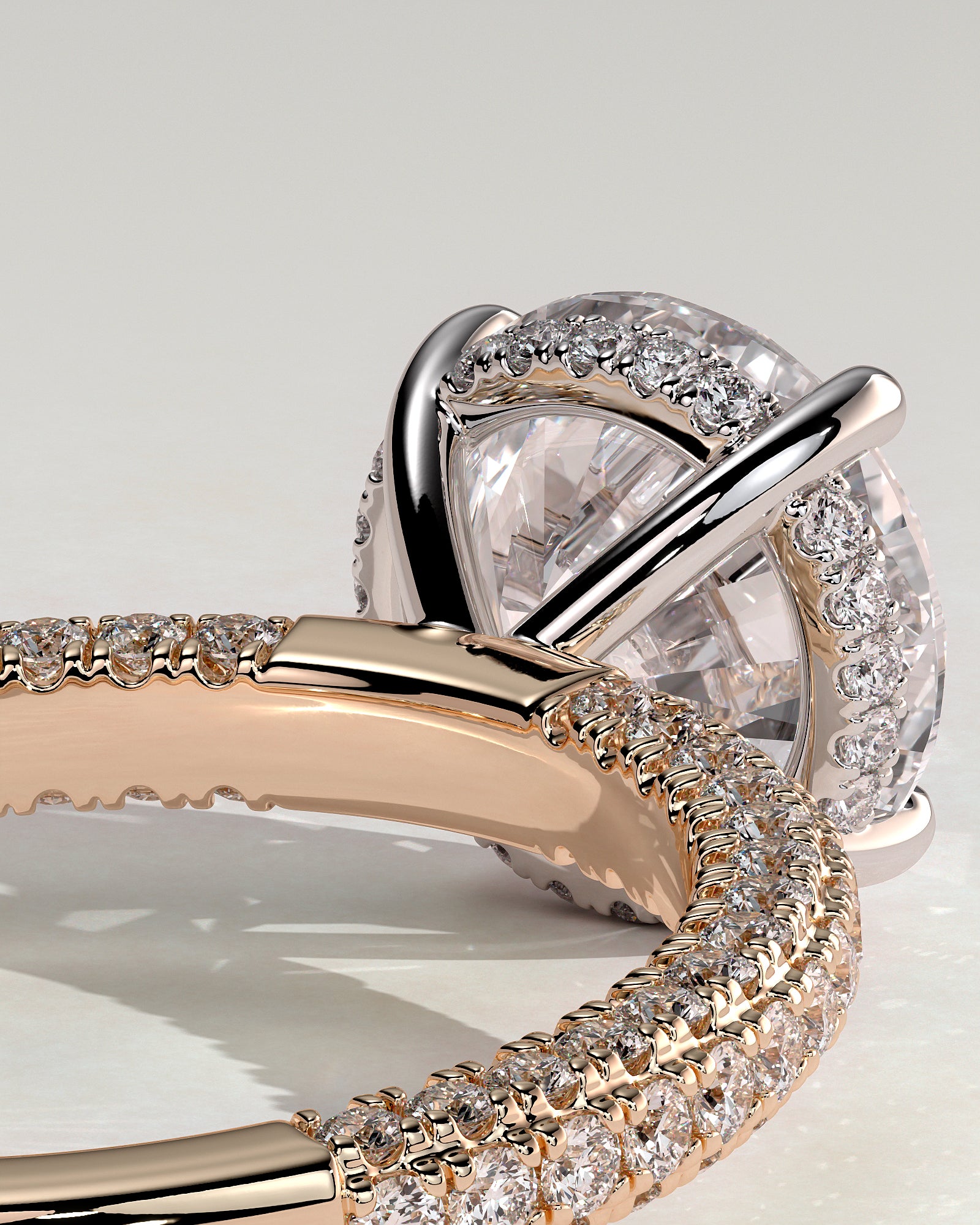 Alex - Round Claw Solitaire with Hidden Halo and Triple Pave Band Engagement Ring - Rose Two-Tone - Rose Two-Tone 2ct