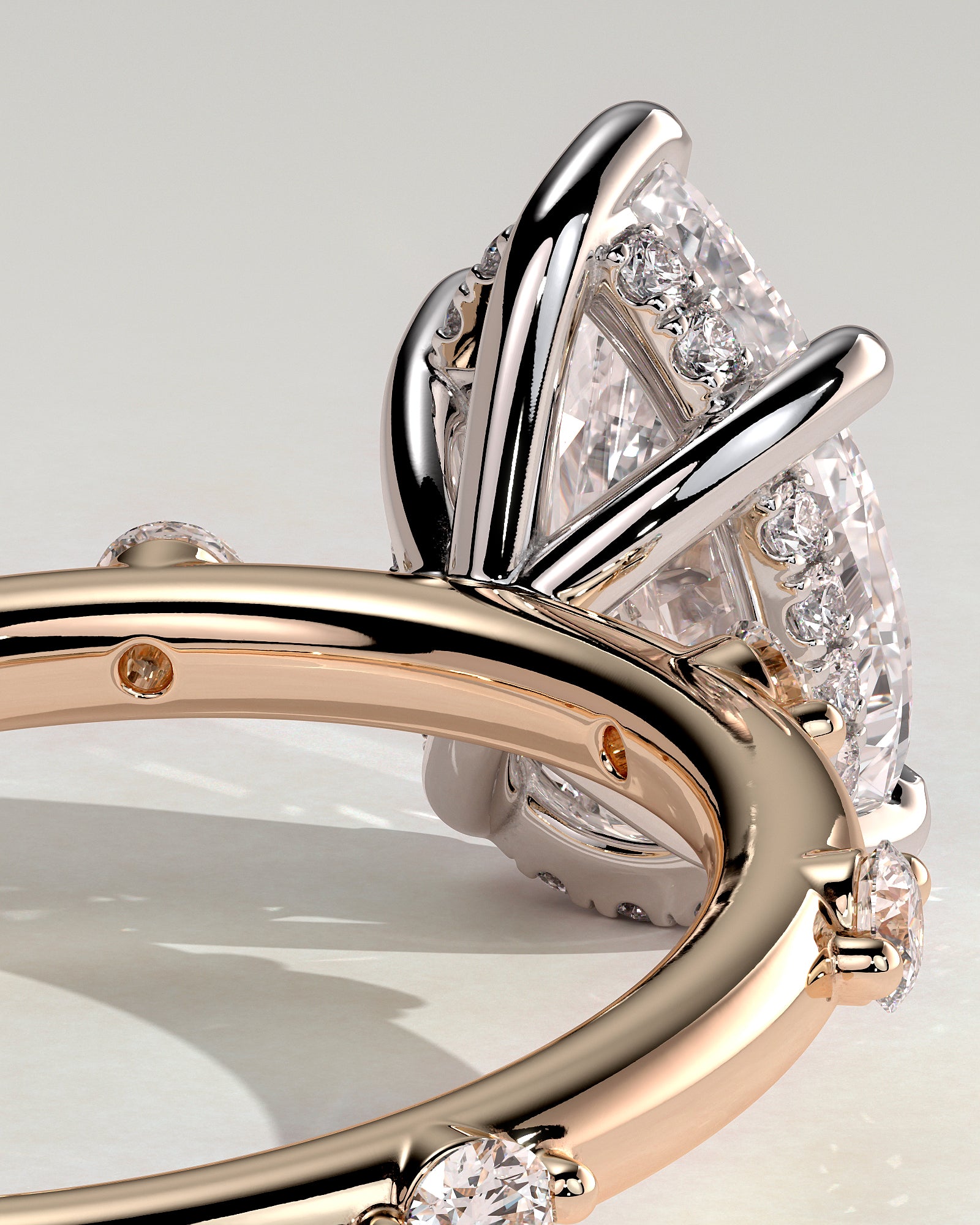 Amora - Pear Claw Solitaire with 6 Spaced Round Accent Stones and Hidden Halo Engagement Ring - Rose Two-Tone - Rose Two-Tone 2ct