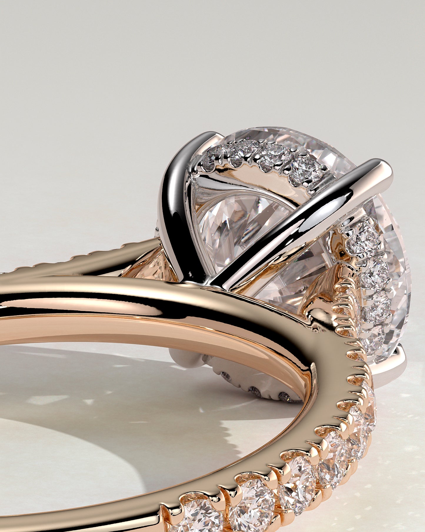 Ashlea - Round Claw Solitaire with Hidden Halo, Pave Band and Cathedral High Setting Engagement Ring - Rose Two-Tone - Rose Two-Tone 2ct
