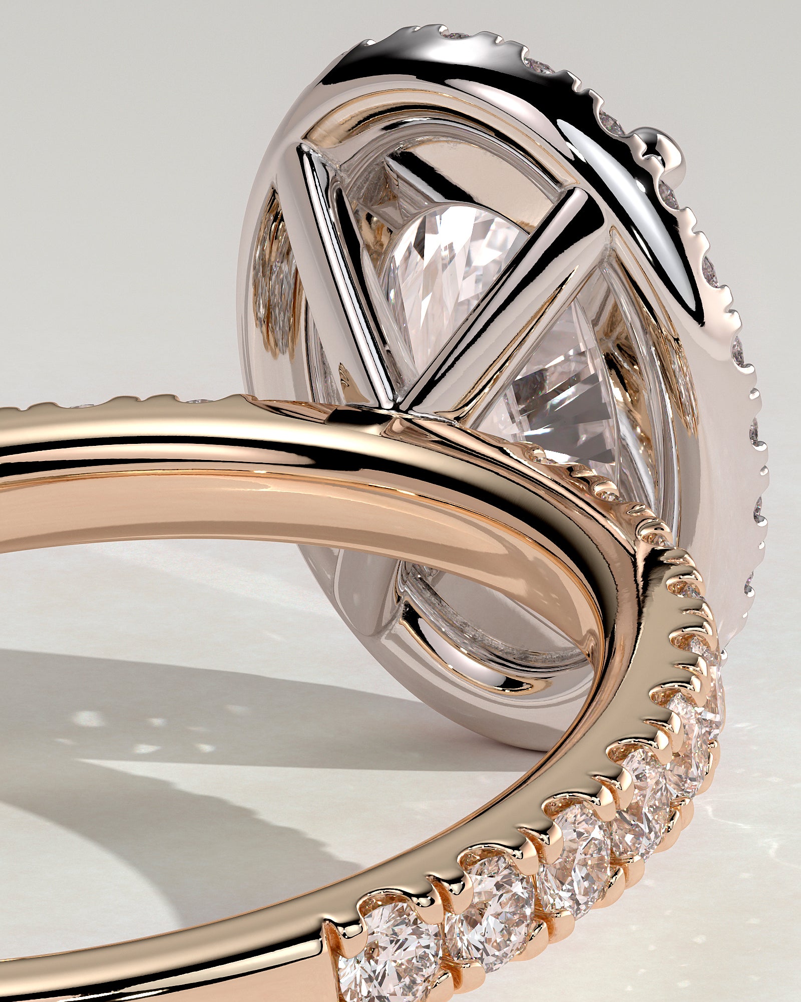 Aurora - Oval Claw Solitaire with Halo and Pave Band Engagement Ring - Rose Two-Tone - Rose Two-Tone 2ct