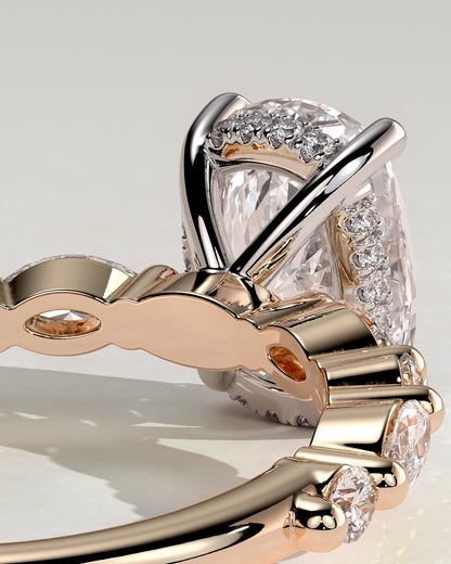 Cali - Elongated Cushion Claw Solitaire with Marquise-Round Accent Stones and Hidden Halo Engagement Ring - Rose Two-Tone
