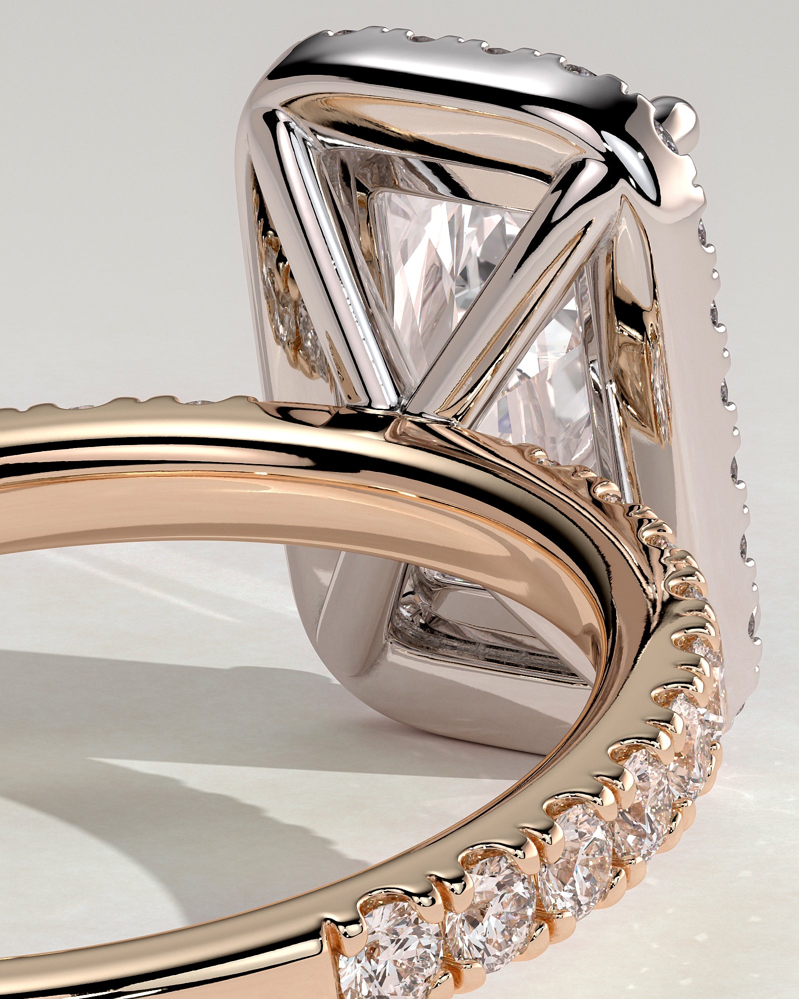 Catherine - Radiant Claw Solitaire with Halo and Pave Band Engagement Ring - Rose Two-Tone - Rose Two-Tone 2ct