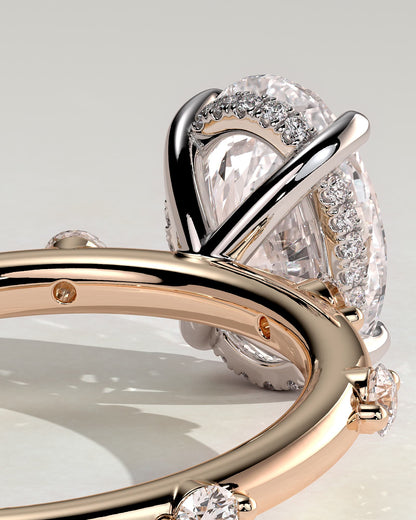 Elise - Oval Claw Solitaire with 6 Spaced Round Accent Stones and Hidden Halo Engagement Ring - Rose Two-Tone