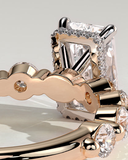 Josephine - Radiant Claw Solitaire with Round Accent Stones and Wrap Around Hidden Halo Engagement Ring - Rose Two-Tone
