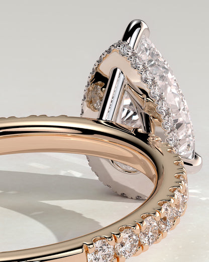 Keira - Pear Claw Solitaire with Wrap Around Hidden Halo and Pave Band Engagement Ring - Rose Two-Tone