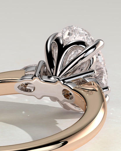 Elena - Oval Claw Trilogy with Pear Side Stones and Tulip Detail Engagement Ring - Rose Two-Tone