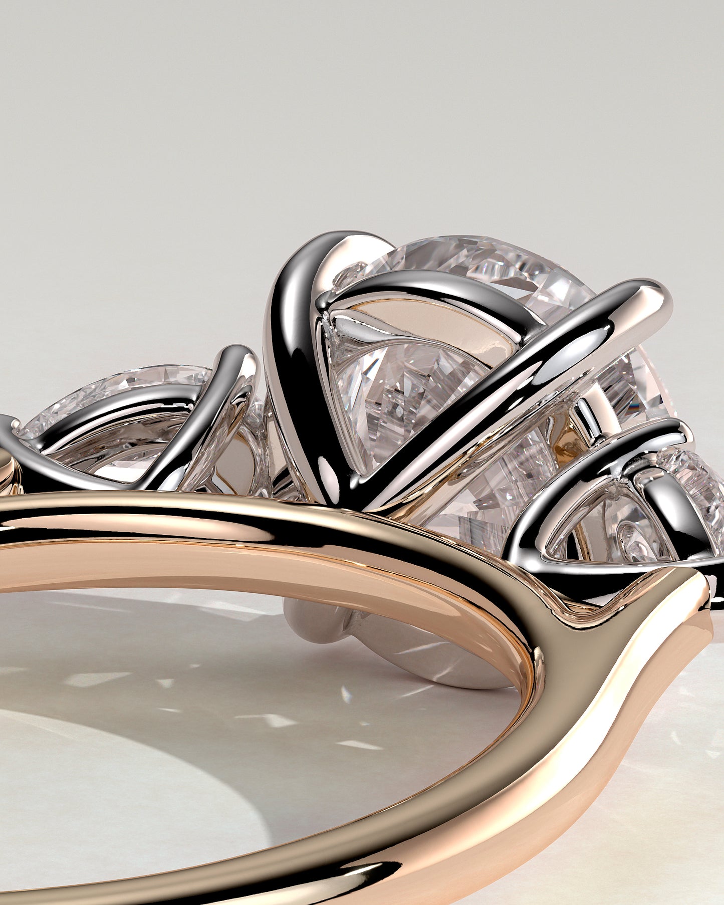 Arya - Round Claw Trilogy with Pear Side Stones and Cathedral Setting Engagement Ring - Rose Two-Tone - Rose Two-Tone 2ct