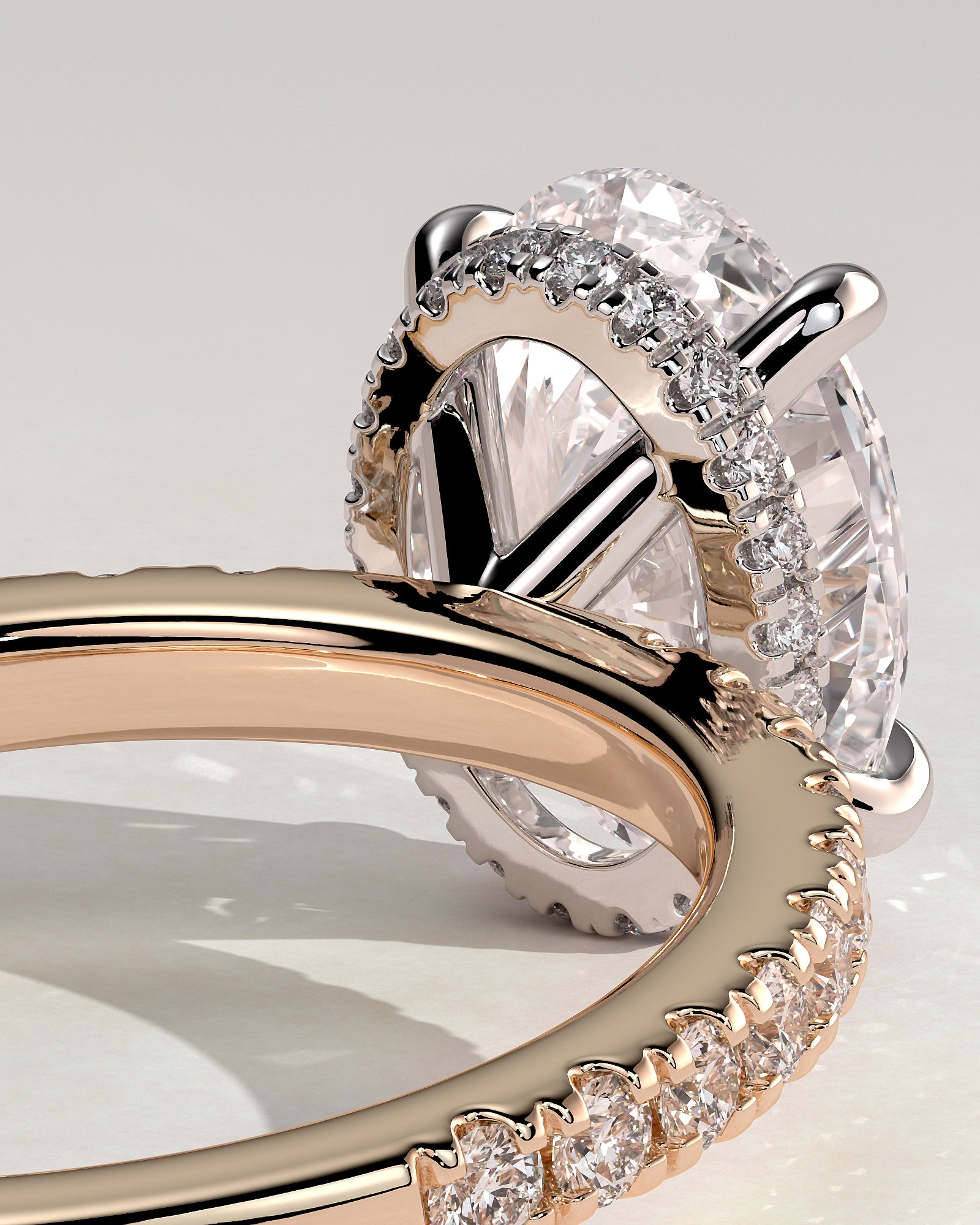 Evangeline - Oval Claw Solitaire with Wrap Around Hidden Halo and Pave Band Engagement Ring - Rose Two-Tone - Rose Two-Tone 2ct