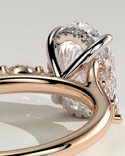 Jamie - Oval Claw Solitaire with Hidden Halo, Opposing Marquise Accents and Cathedral High Setting Engagement Ring - Rose Two-Tone