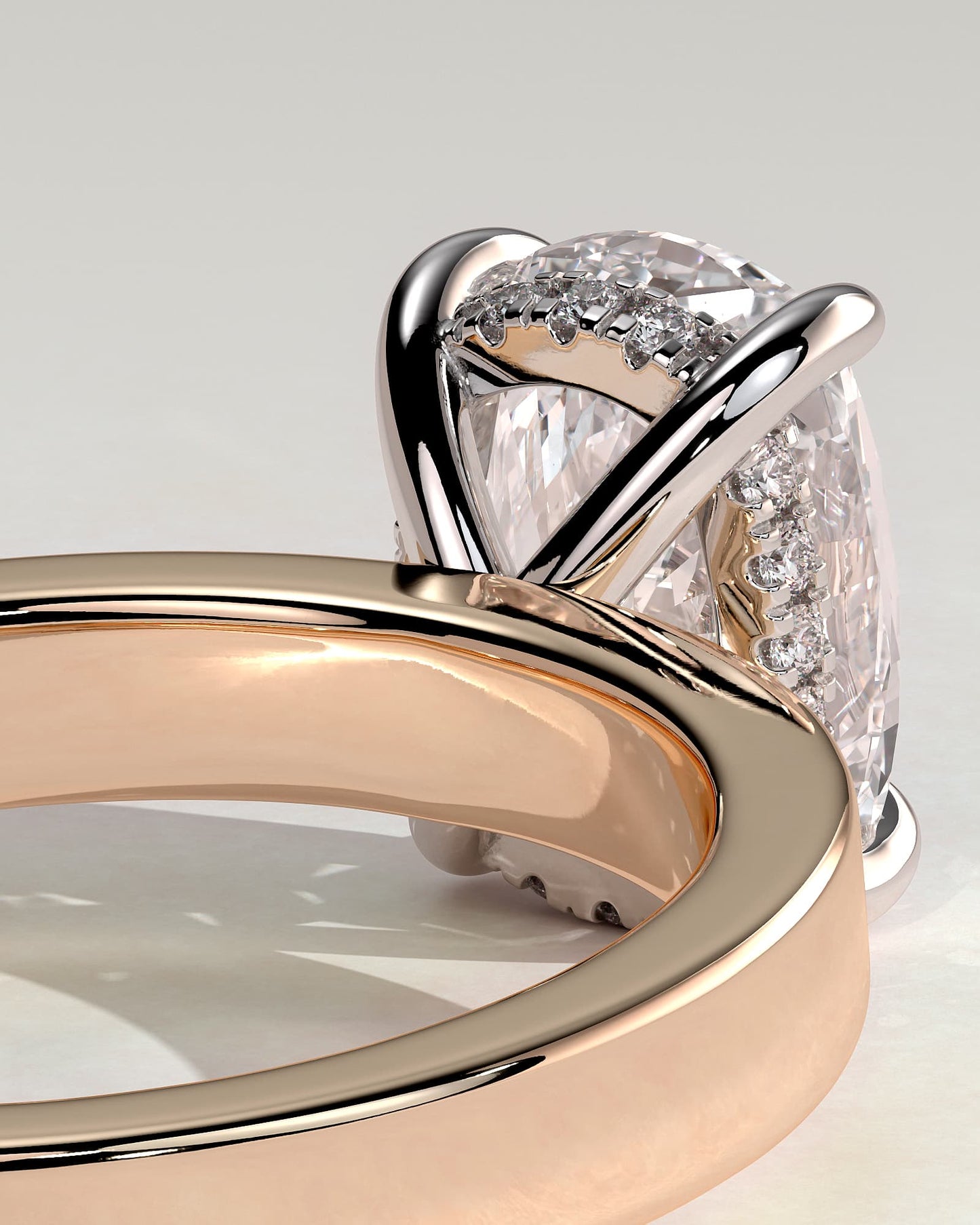 Kai - Elongated Cushion Claw Solitaire with Flat Cigar Band and Hidden Halo Engagement Ring - Rose Two-Tone