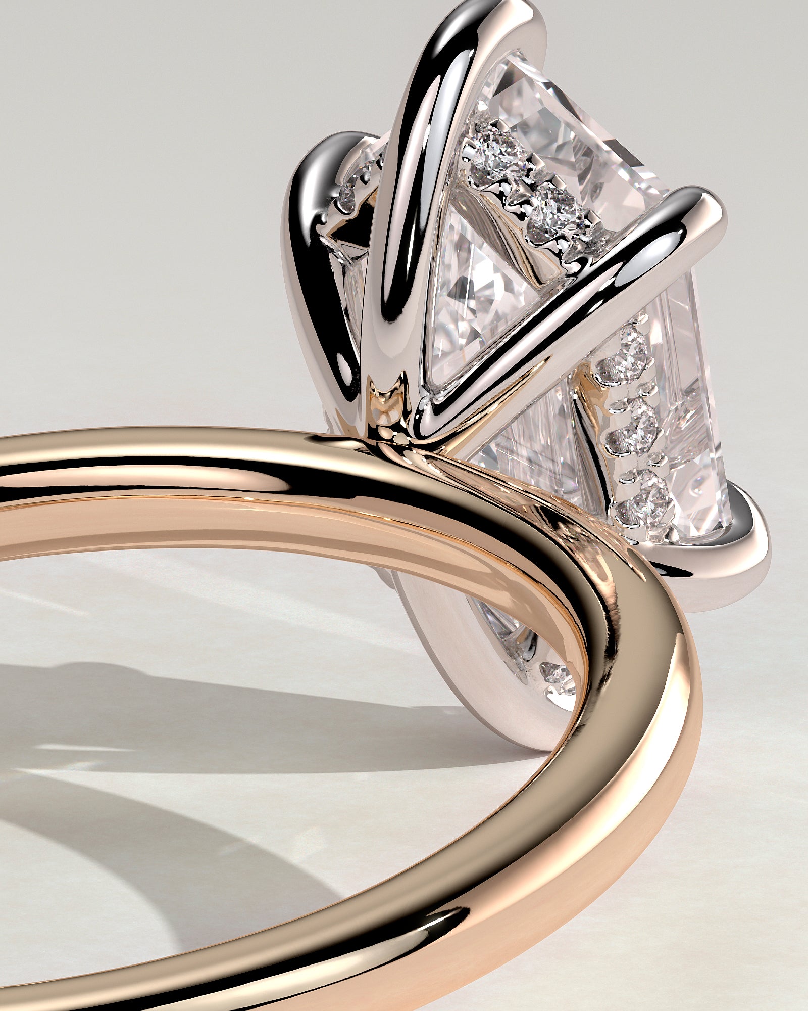 Delta - Elongated Hexagon Claw Solitaire with Hidden Halo Engagement Ring - Rose Two-Tone - Rose Two-Tone 2ct