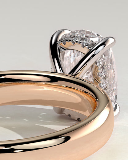 Cora - Elongated Cushion Claw Solitaire with Cigar Band and Hidden Halo Engagement Ring - Rose Two-Tone
