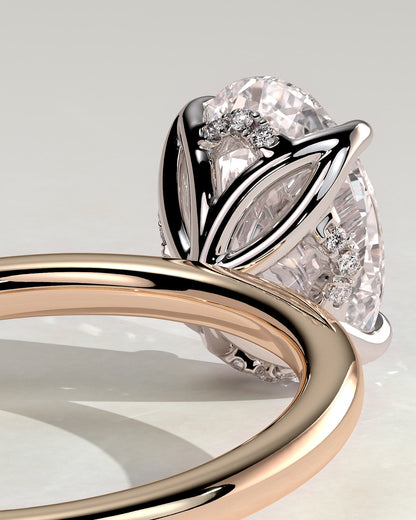 Ivy - Oval Claw Solitaire with Petal Gallery and Accented Tiara Detail Engagement Ring - Rose Two-Tone