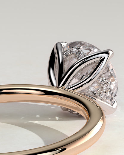 Dahlia - Round Claw Solitaire with Petal Gallery and Accented Tiara Detail Engagement Ring - Rose Two-Tone