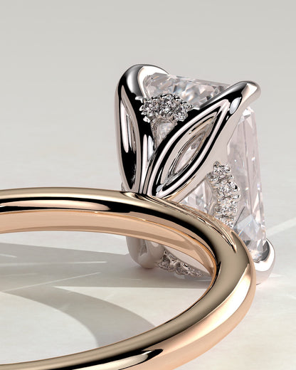 Freesia - Emerald Claw Solitaire with Petal Gallery and Accented Tiara Detail Engagement Ring - Rose Two-Tone