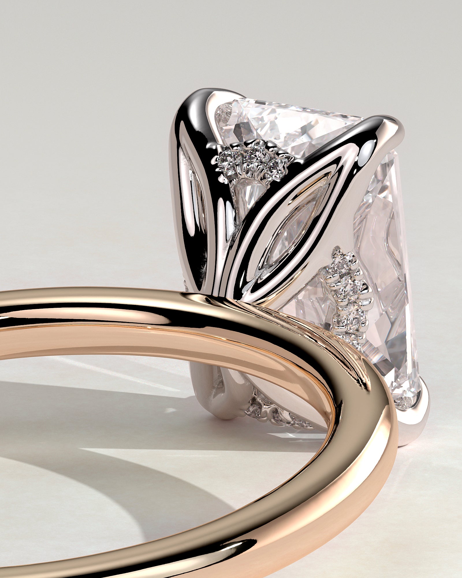 Aster - Radiant Claw Solitaire with Petal Gallery and Accented Tiara Detail Engagement Ring - Rose Two-Tone - Rose Two-Tone 2ct