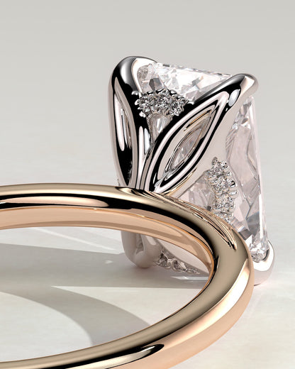 Aster - Radiant Claw Solitaire with Petal Gallery and Accented Tiara Detail Engagement Ring - Rose Two-Tone