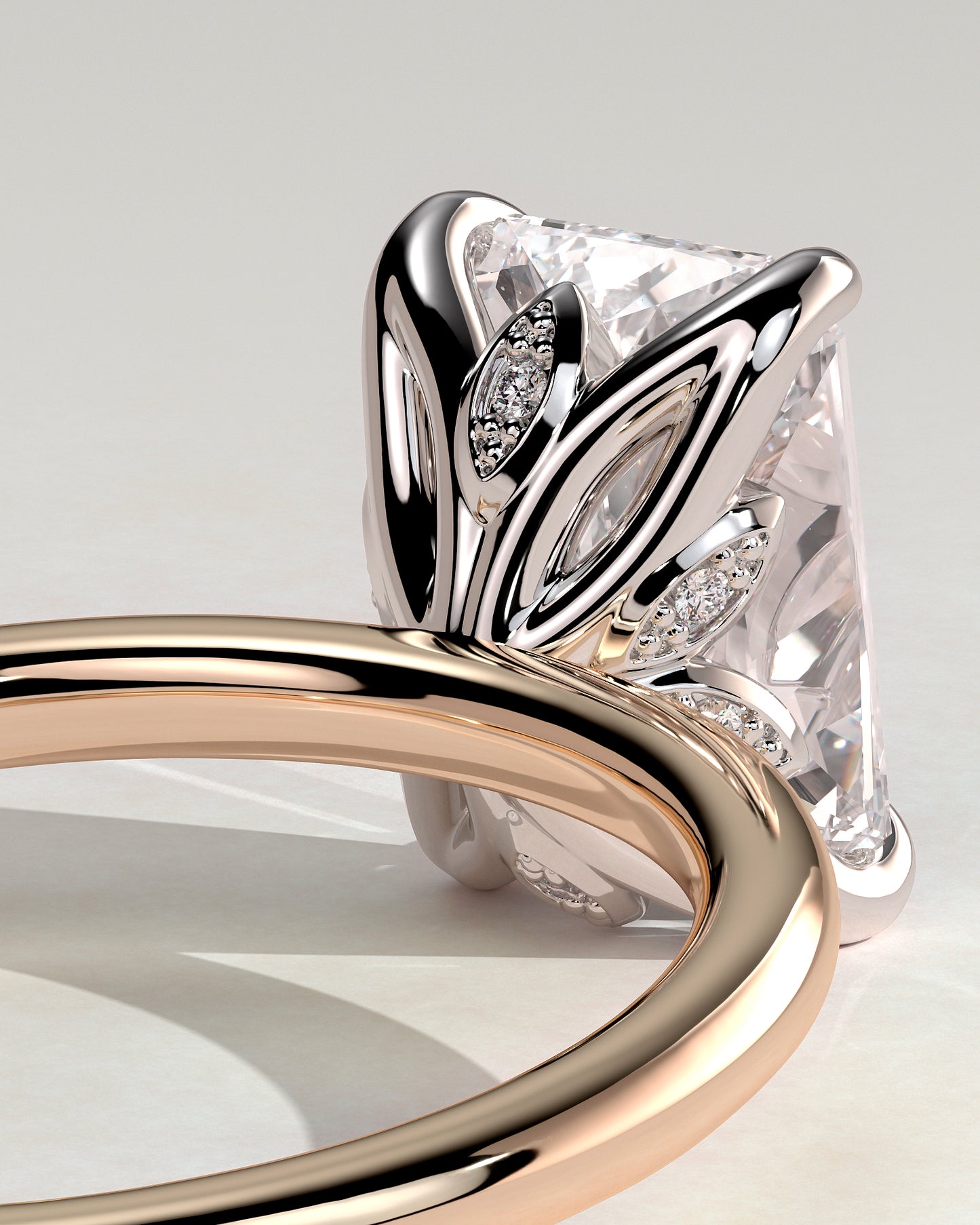 Evie - Radiant Claw Solitaire with Petal Gallery and Accent Leaf Detail Engagement Ring - Rose Two-Tone - Rose Two-Tone 2ct