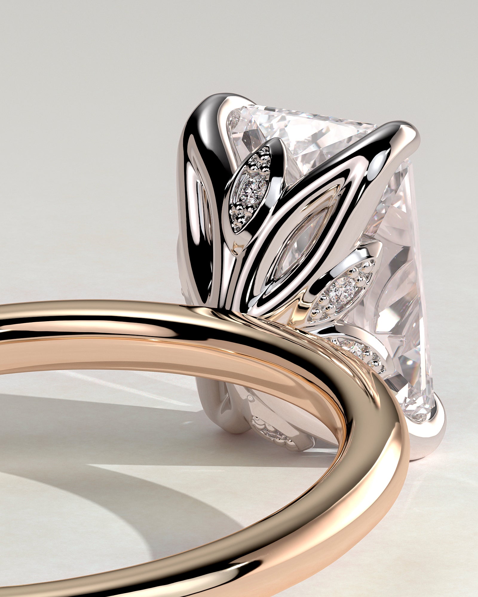 Evie - Radiant Claw Solitaire with Petal Gallery and Accent Leaf Detail Engagement Ring - Rose Two-Tone - Rose Two-Tone 2ct