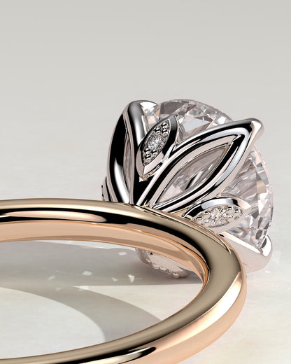 Joy - Round Claw Solitaire with Petal Gallery and Accent Leaf Detail Engagement Ring - Rose Two-Tone