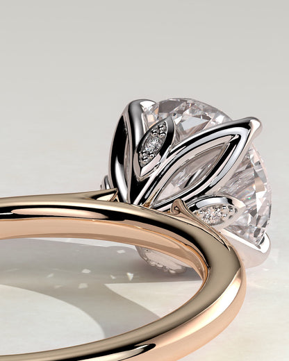 Brianna - Round Claw Solitaire with Petal Gallery, Accent Leaf Detail and Cathedral Setting Engagement Ring - Rose Two-Tone