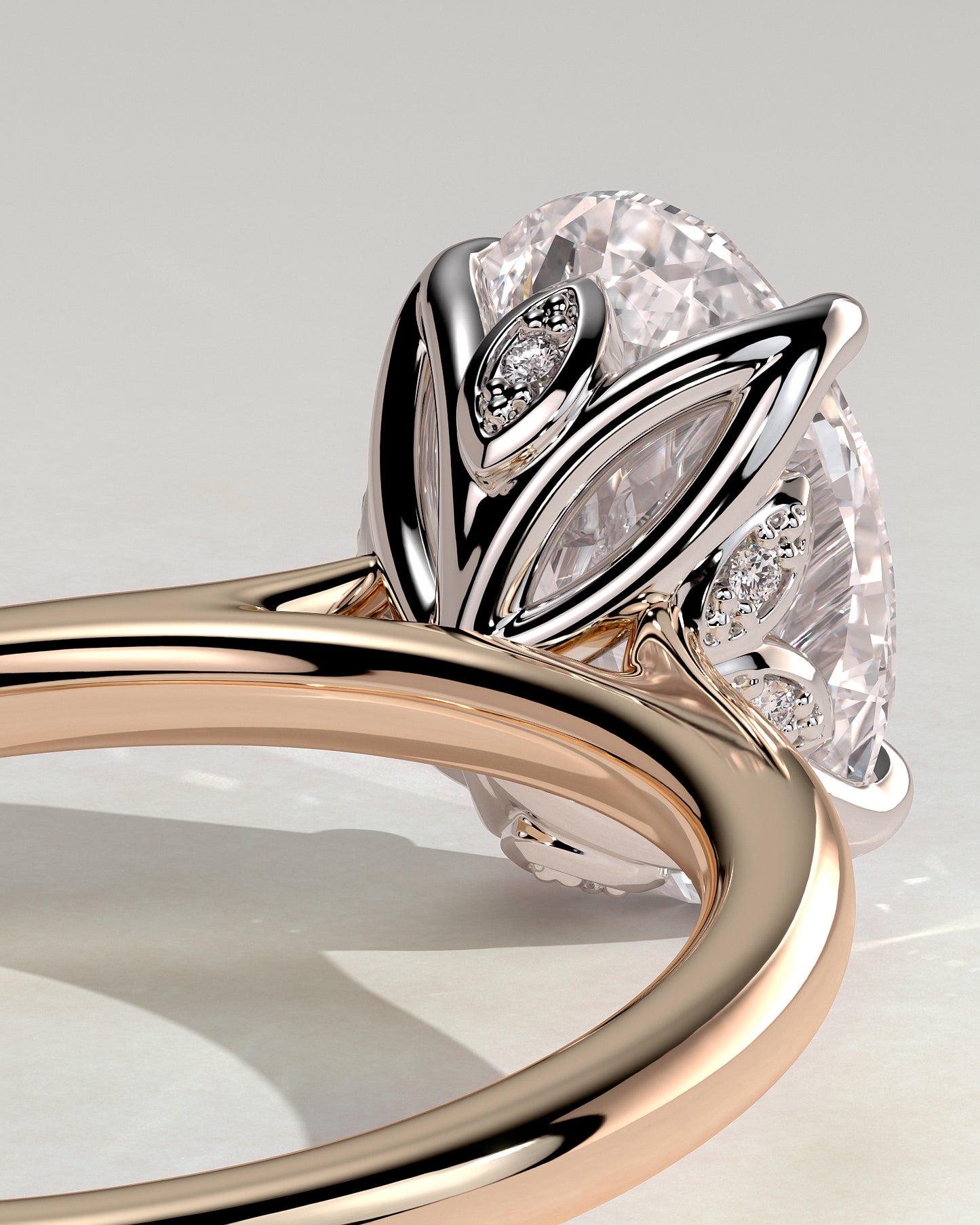 Erica - Oval Claw Solitaire with Petal Gallery, Accent Leaf Detail and Cathedral Setting Engagement Ring - Rose Two-Tone - Rose Two-Tone 2ct