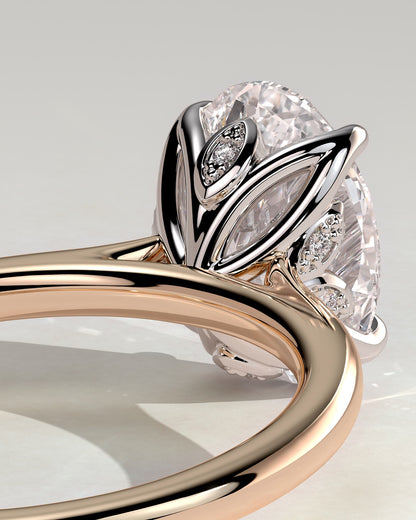Erica - Oval Claw Solitaire with Petal Gallery, Accent Leaf Detail and Cathedral Setting Engagement Ring - Rose Two-Tone
