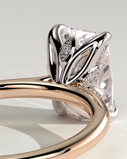 Harriet - Radiant Claw Solitaire with Petal Gallery, Accent Leaf Detail and Cathedral Setting Engagement Ring - Rose Two-Tone