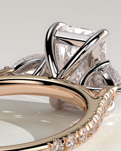 Ginny - Radiant Claw Trilogy with Pear Side Stones and Pave Band Engagement Ring - Rose Two-Tone