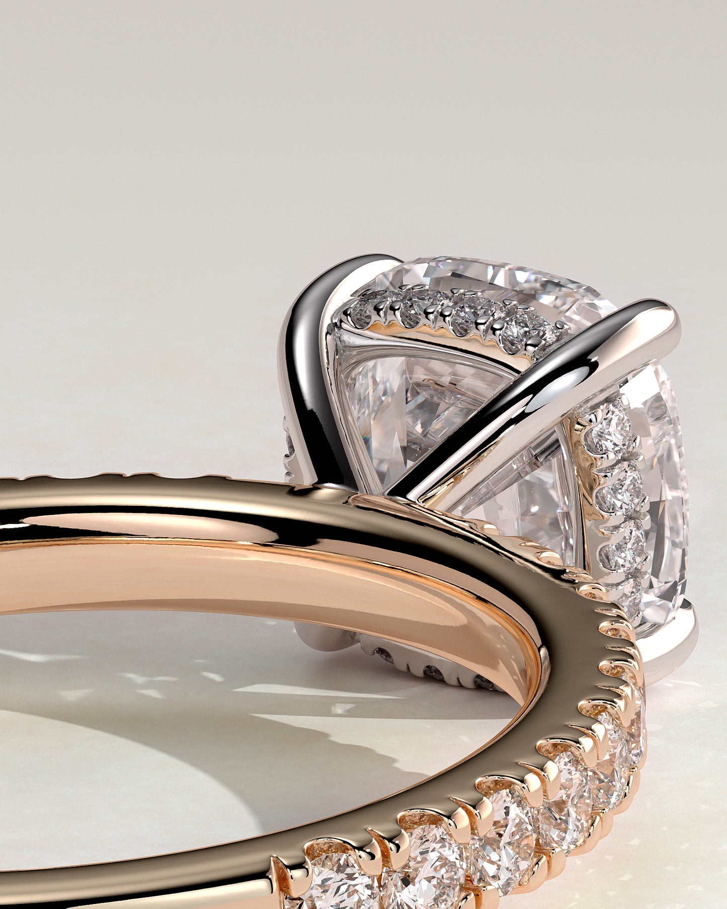Claudia - Cushion Claw Solitaire with Hidden Halo and Pave Band Engagement Ring - Rose Two-Tone - Rose Two-Tone 2ct