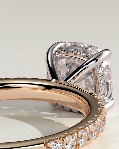 Claudia - Cushion Claw Solitaire with Hidden Halo and Pave Band Engagement Ring - Rose Two-Tone