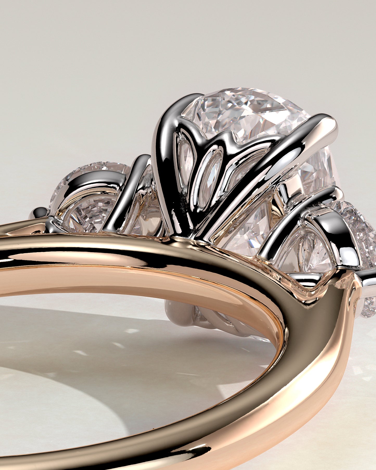 Charmaine - Elongated Cushion Claw Trilogy with Round Side Stones and Lily Detail Engagement Ring - Rose Two-Tone - Rose Two-Tone 2ct