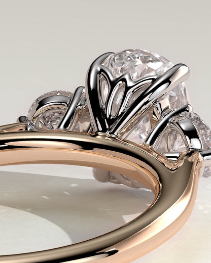 Charmaine - Elongated Cushion Claw Trilogy with Round Side Stones and Lily Detail Engagement Ring - Rose Two-Tone