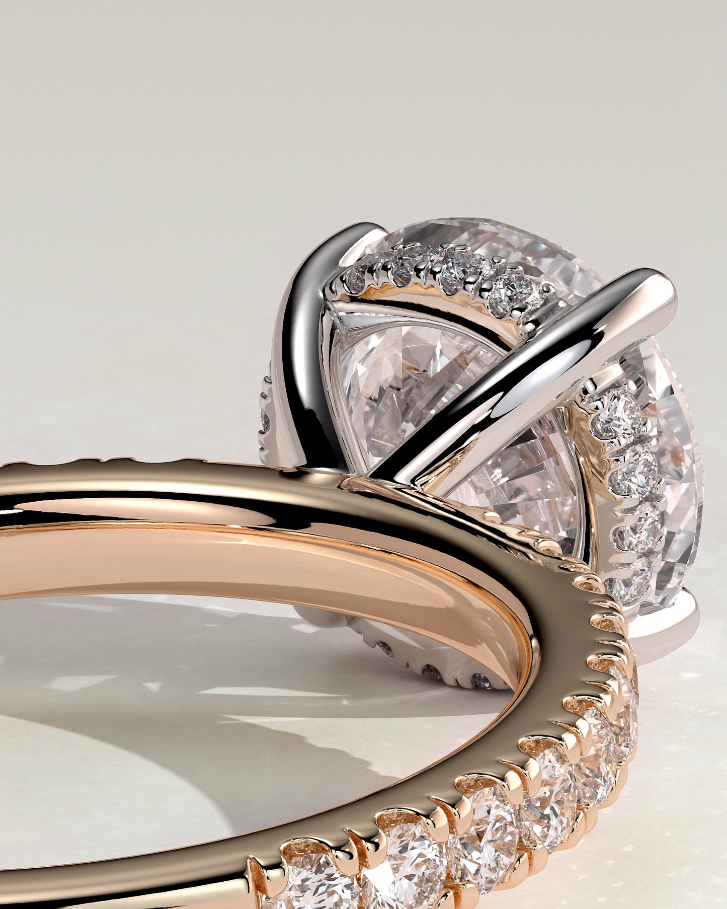 Charlie - Round Claw Solitaire with Hidden Halo and Pave Band Engagement Ring - Rose Two-Tone - Rose Two-Tone 2ct