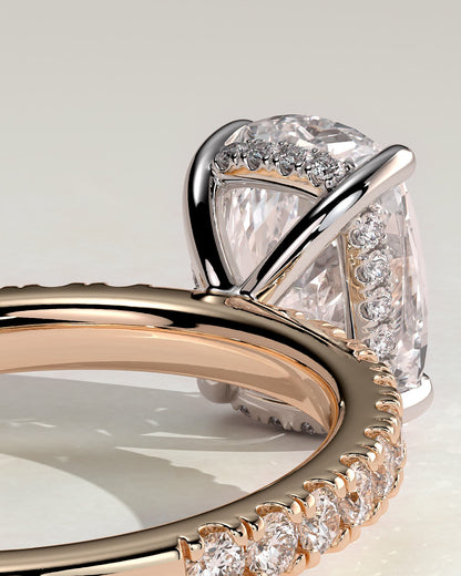 Camilla - Elongated Cushion Claw Solitaire with Hidden Halo and Pave Band Engagement Ring - Rose Two-Tone