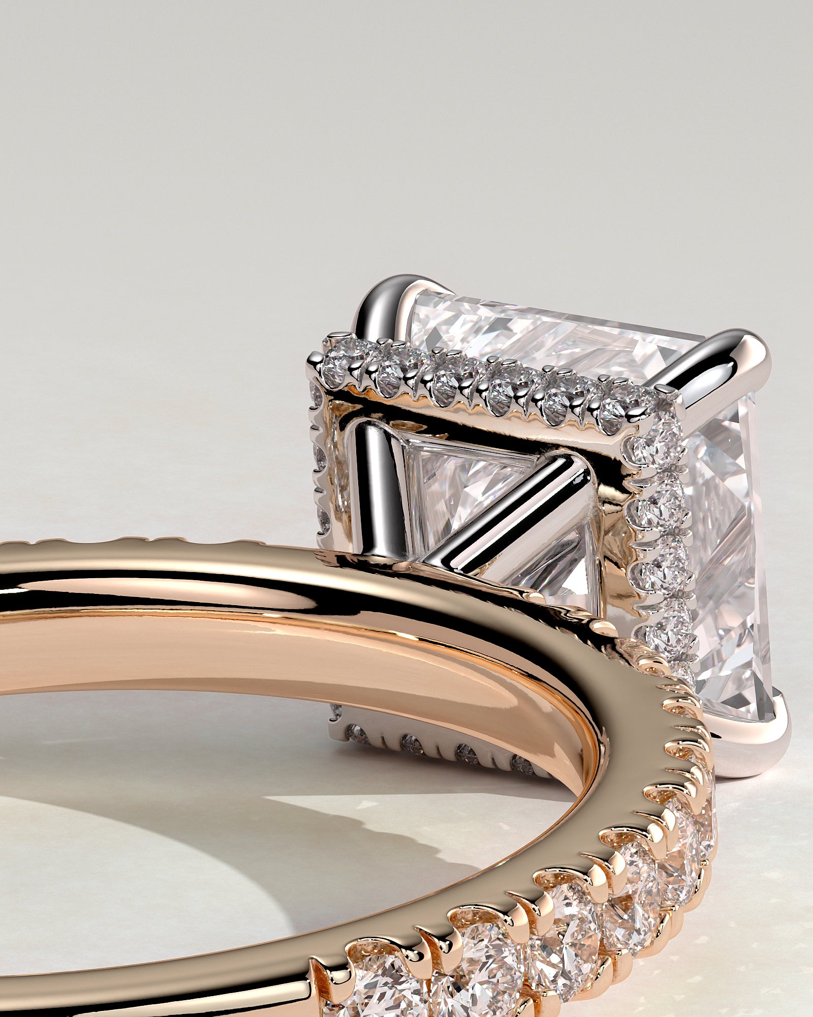 Brooklyn - Princess Claw Solitaire with Wrap Around Hidden Halo and Pave Band Engagement Ring - Rose Two-Tone - Rose Two-Tone 2ct