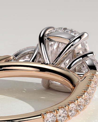 Bree - Elongated Cushion Claw Trilogy with Pear Side Stones and Pave Band Engagement Ring - Rose Two-Tone