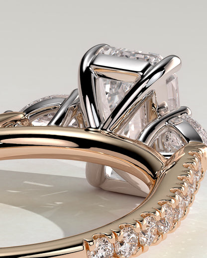 Autumn - Emerald Claw Trilogy with Pear Side Stones and Pave Band Engagement Ring - Rose Two-Tone