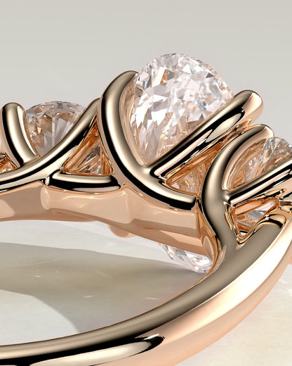 Grace - Oval Claw Trilogy with Round Side Stones, Open Trellis Gallery and Tapered Band Engagement Ring - Rose Gold