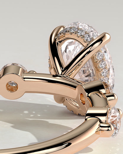 Arwen - Oval Claw Solitaire with 4 Spaced Round Accent Stones and Hidden Halo Engagement Ring - Rose Gold