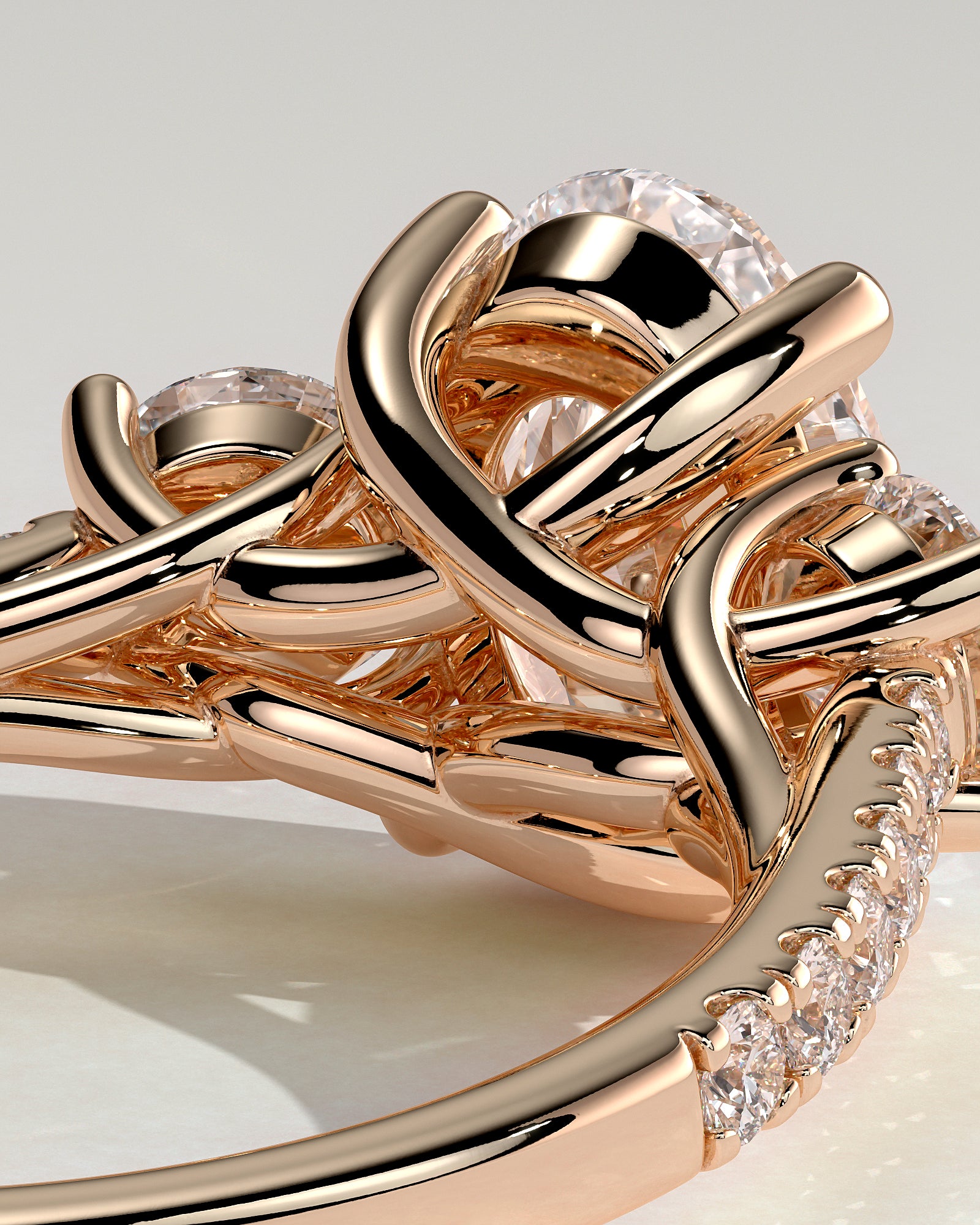 Aviana - Oval Claw Trilogy with Round Side Stones, Pave Band and Trellis Gallery  Engagement Ring - Rose Gold - Rose Gold 2ct