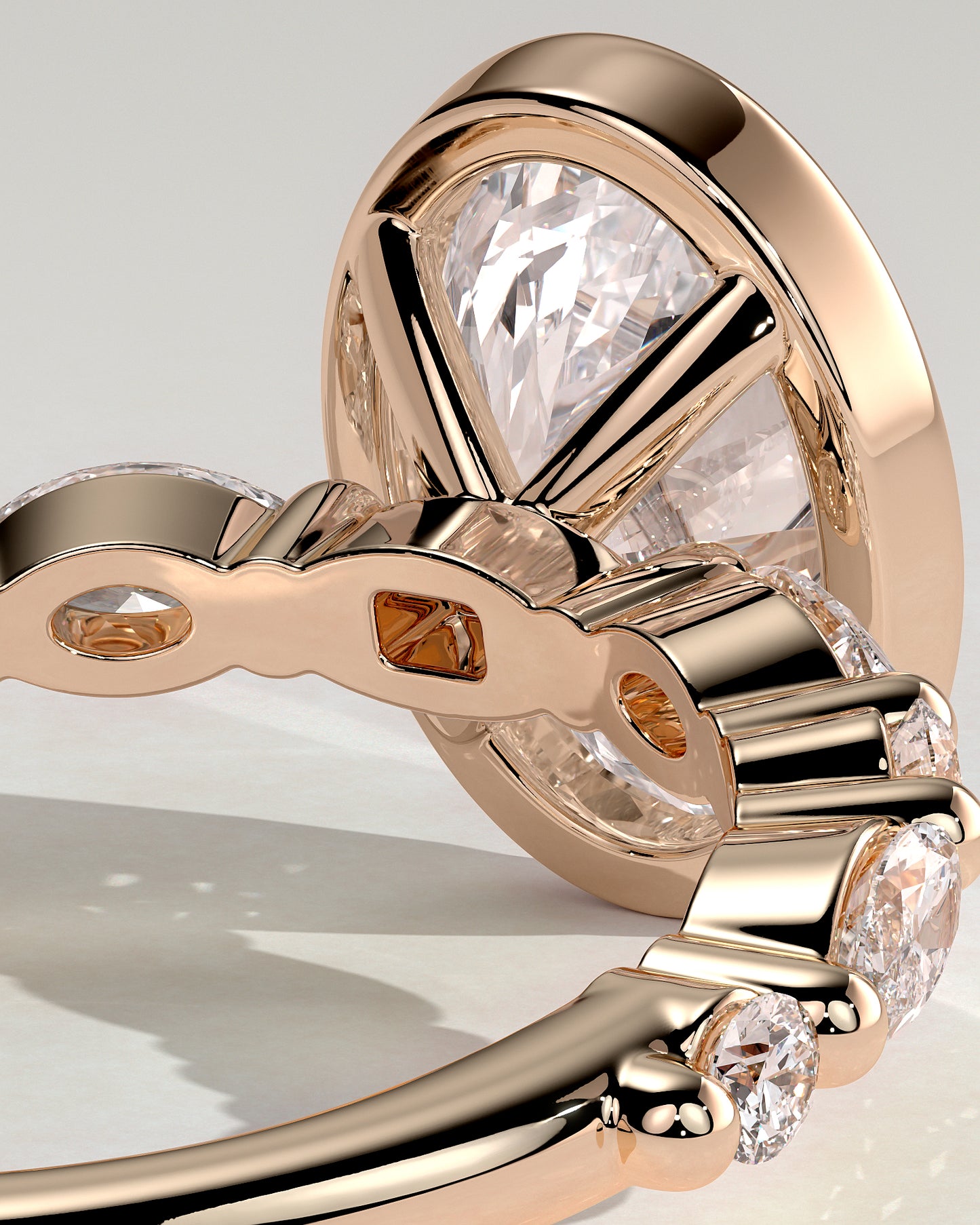 Aylin - Oval Bezel Solitaire with Marquise-Round Accent Stones Engagement Ring - Rose Gold - Rose Gold 2ct